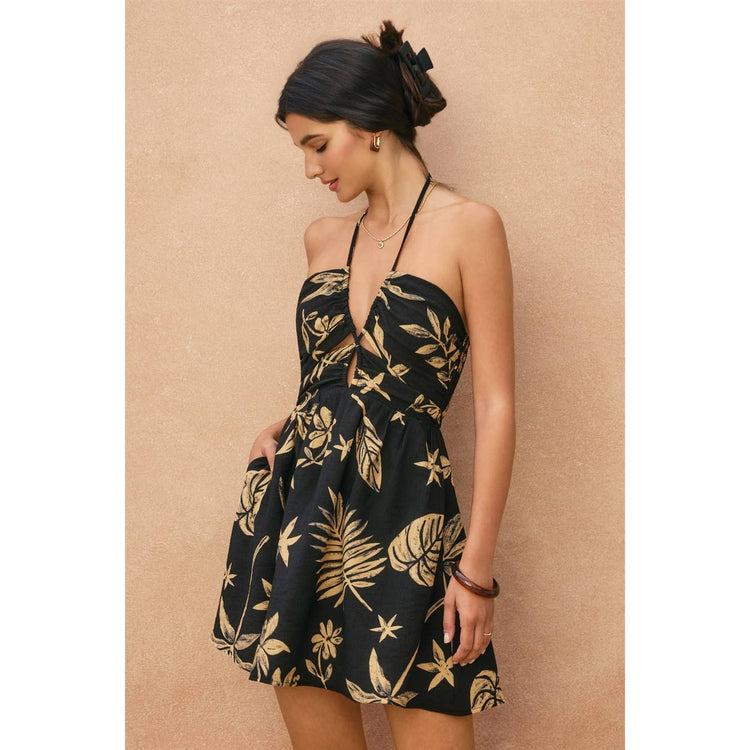 Tropical Leaf Ruched Halter Mini Dress