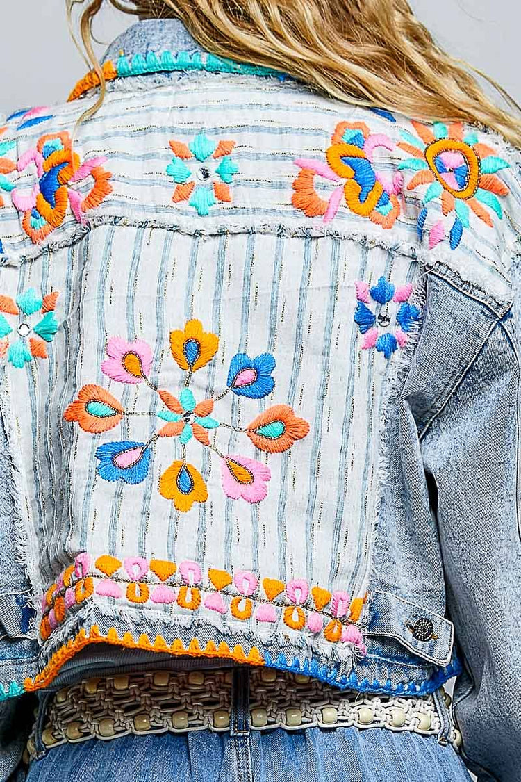 Embroidered Beaded Stripe Panel Cropped Denim Jacket