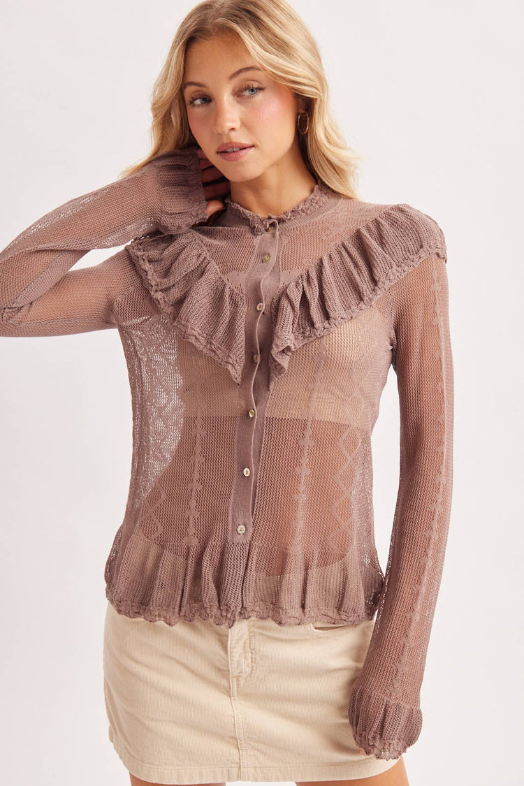 SHEER MOCK NECK BUTTON DOWN RUFFLED OPEN KNIT TOP NO LINING
