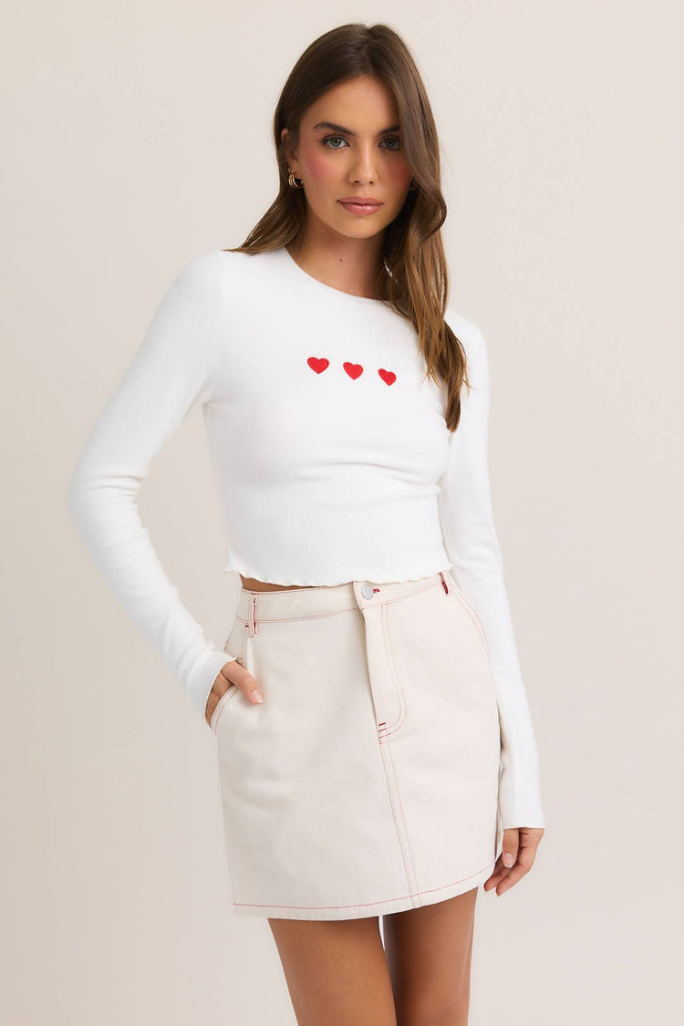 Long Sleeve Heart Embroidered Knit Top