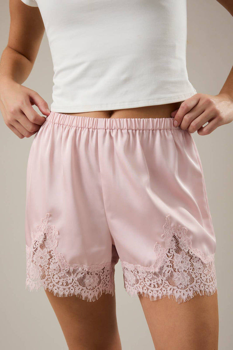 ELASTIC WAIST MID RISE LACE TRIM SHORTS