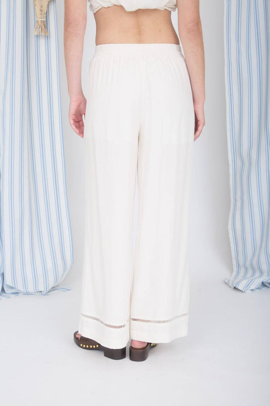 LADDER LACE TRIM WIDE LEG LINEN PANTS
