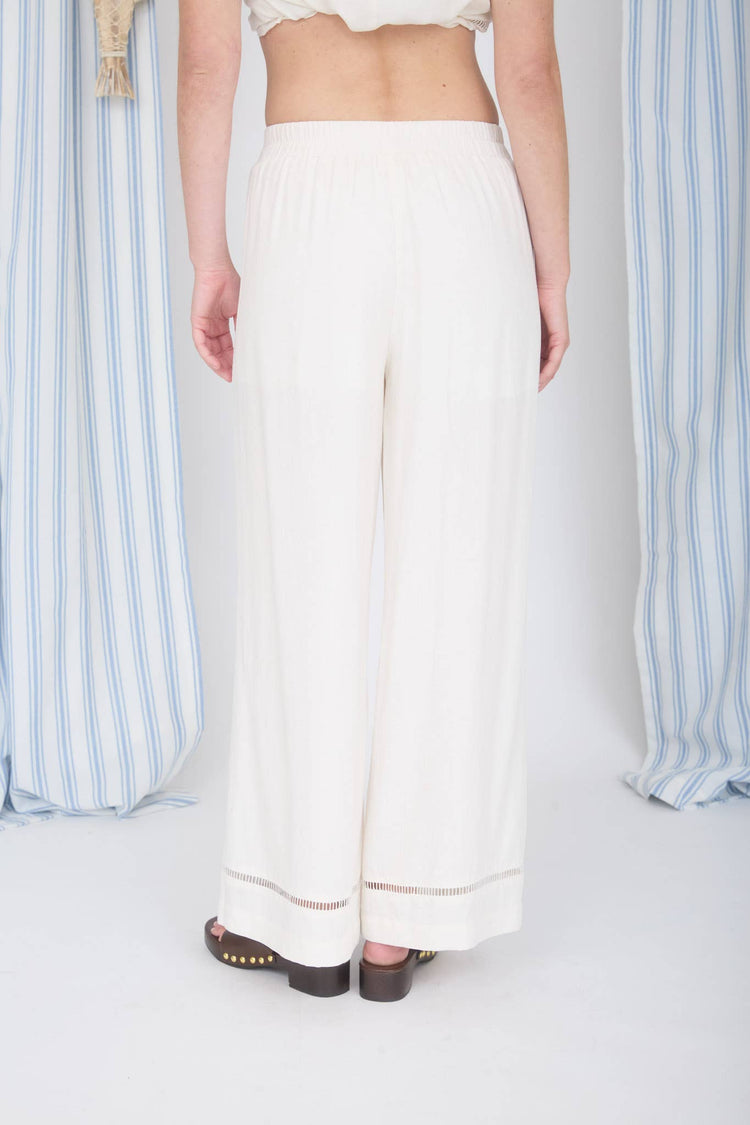 LADDER LACE TRIM WIDE LEG LINEN PANTS