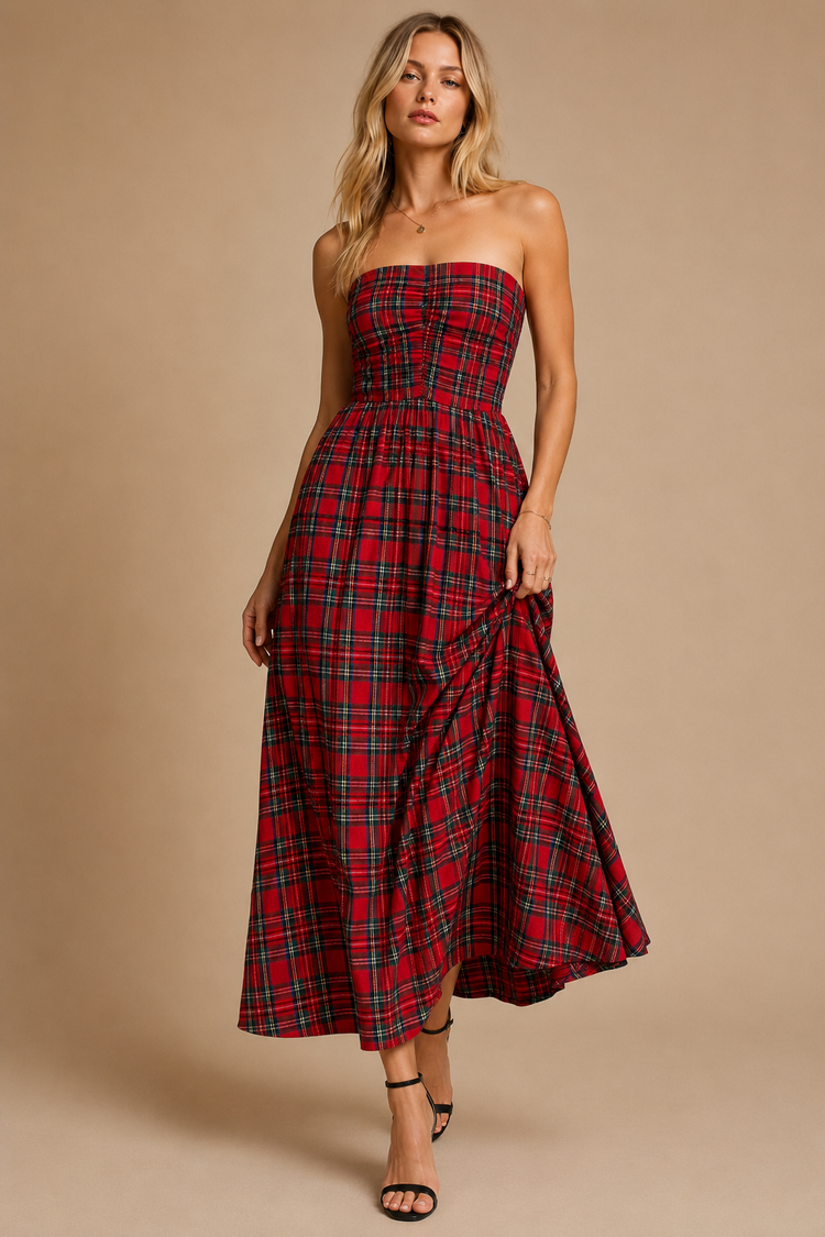 Strapless Tartan Plaid Ruched Midi Dress