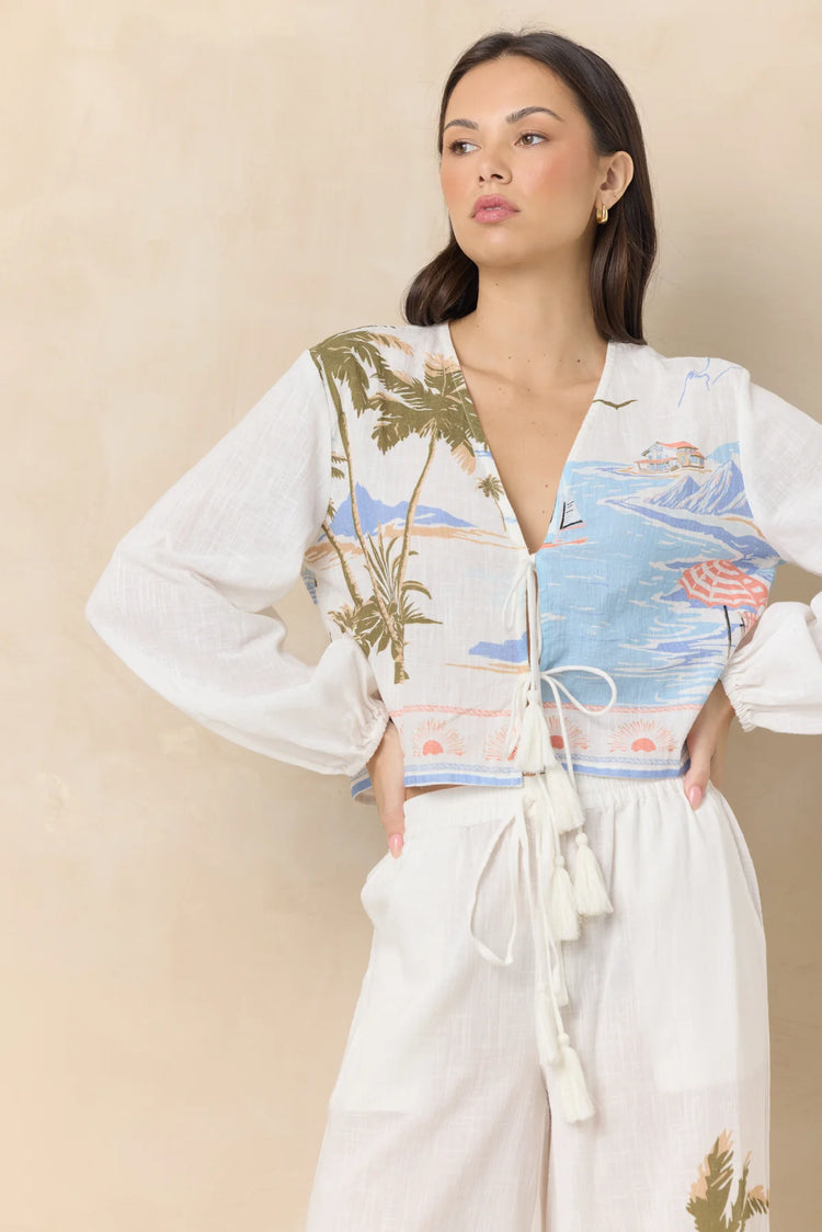 Ocean Front Print Long Sleeve Tie Top