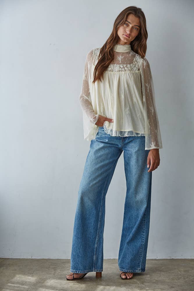 Lace Mock Neck Bell Sleeve Blouse