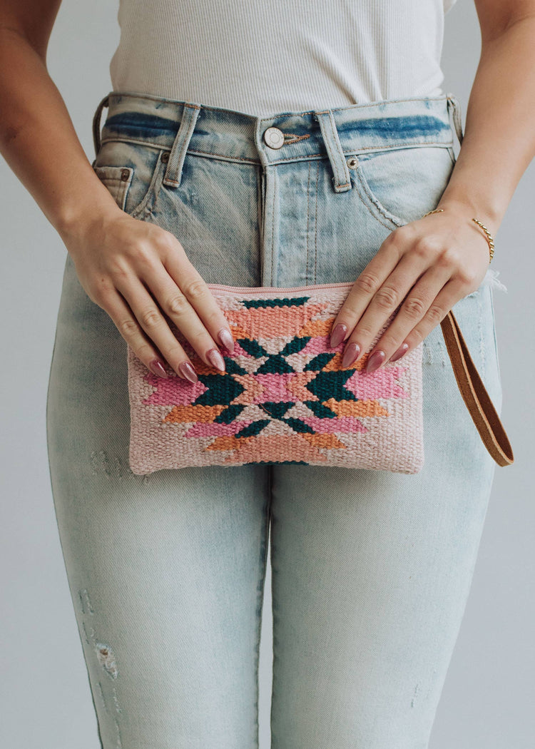 Pink, Teal & Orange Aztec Wristlet