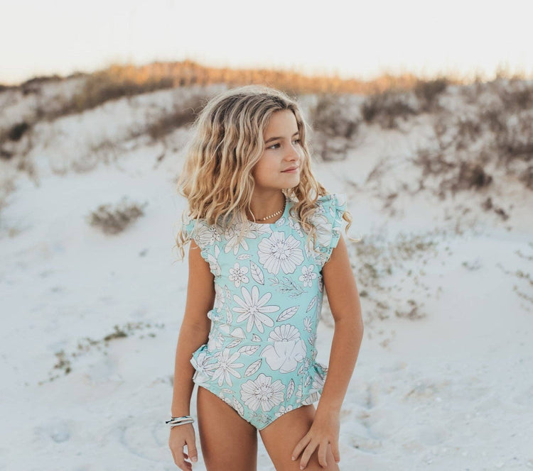 Kids Mint Floral Open Back One Piece Ruffle Swimsuit
