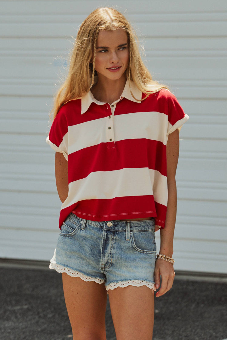 Bold Striped Dolman Sleeve Polo Shirt