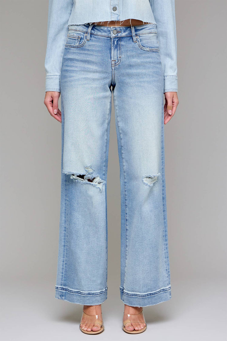 Light Wash Distressed Stretch 33" Inseam Wide leg