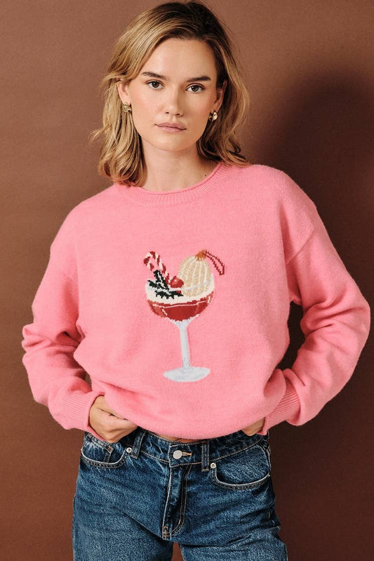ROLL UP NECK&SLEEVE DETAIL "X-MAS COCKTAIL" GRAPHIC SWEATER