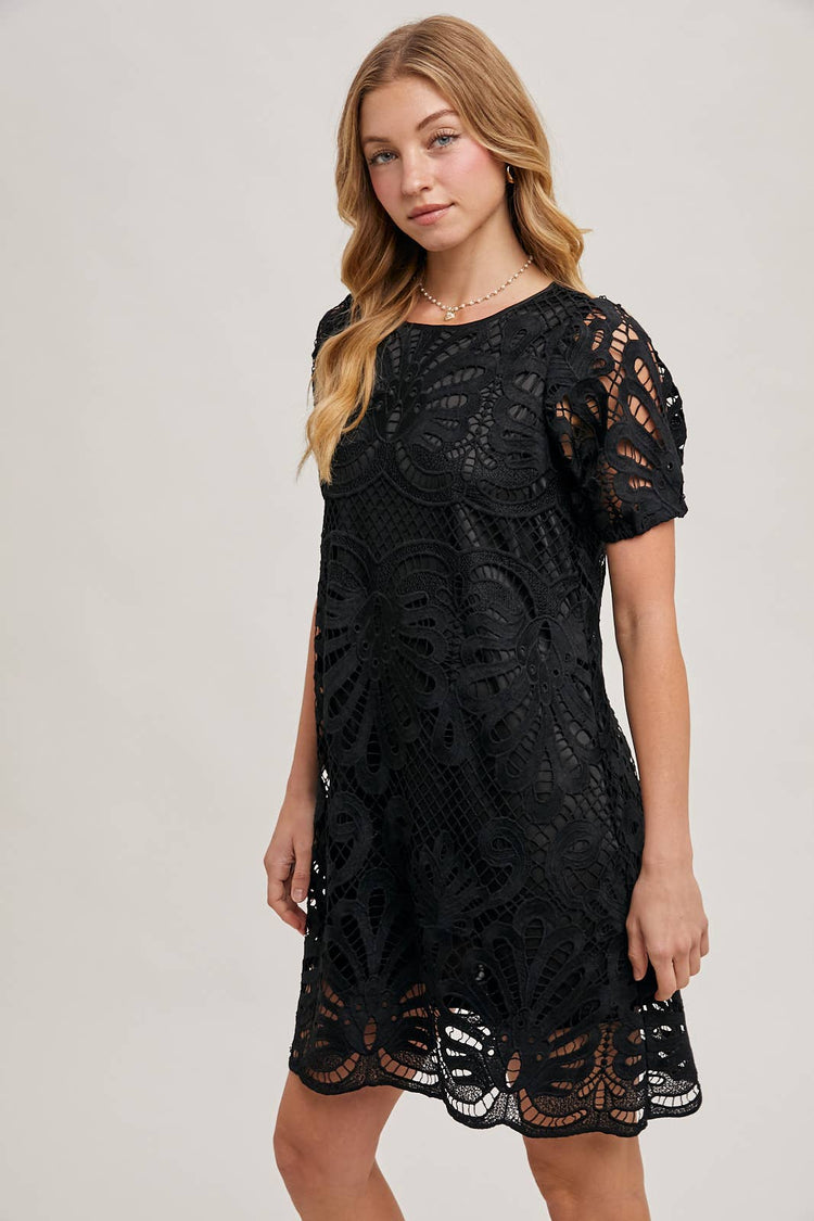 PUFF SLEEVED CROCHET DRESS WITH LINING
