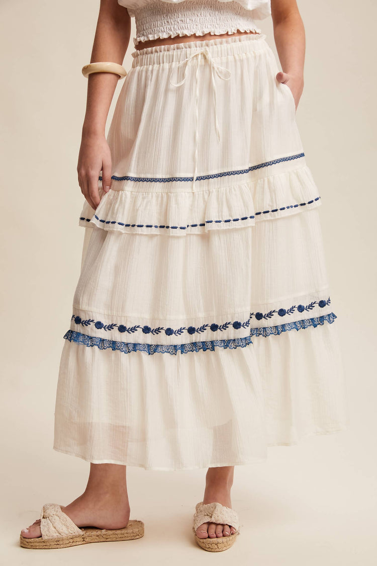 Embroidered Tiered Maxi Skirt