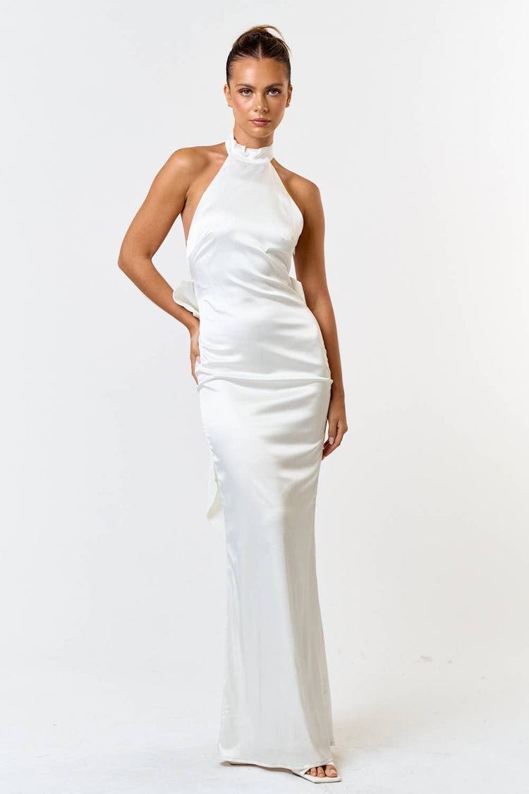 Satin Halter Maxi with Backless Bow