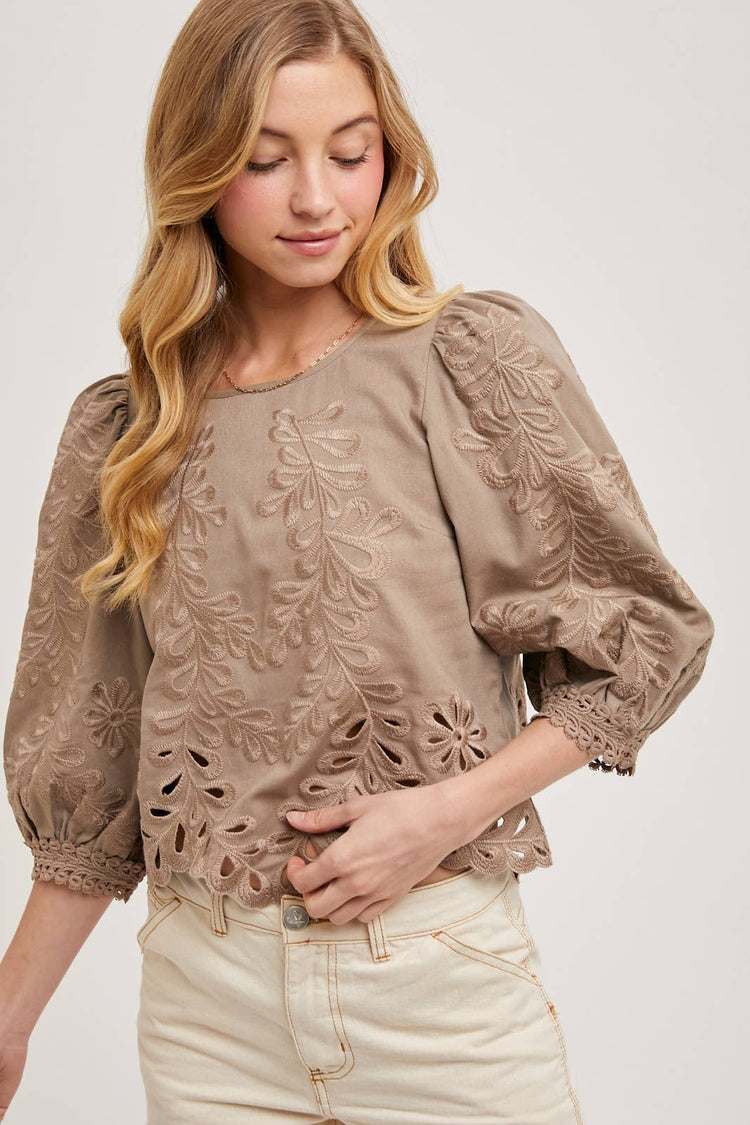 LACE CUTOUTS BOTTOM HEM BUBBLE SLEEVED TOP