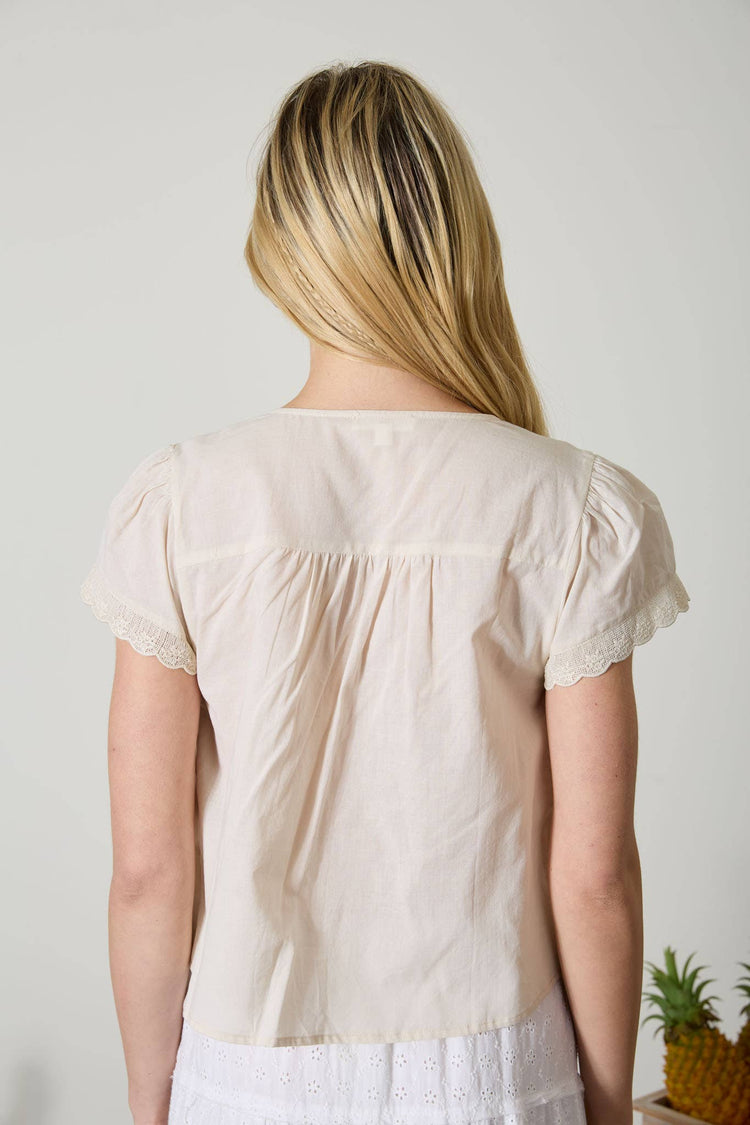 SCALLOPED EMBROIDERED FRONT TIE LACE TRIM TOP