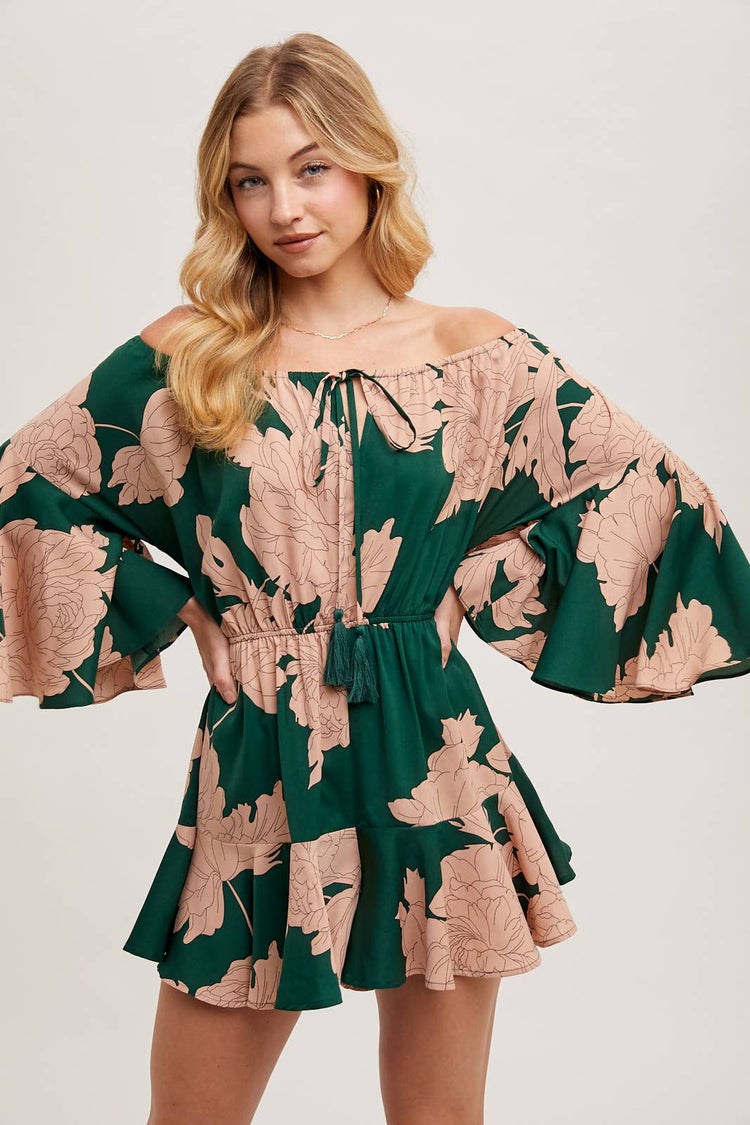 FLORAL PRINT OFF THE SHOULDER BELL SLEEVED ROMPER