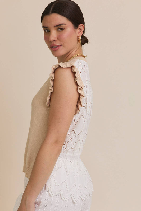 ROUND NECK RUFFLE SLEEVE WOVEN & KNIT MIX TOP