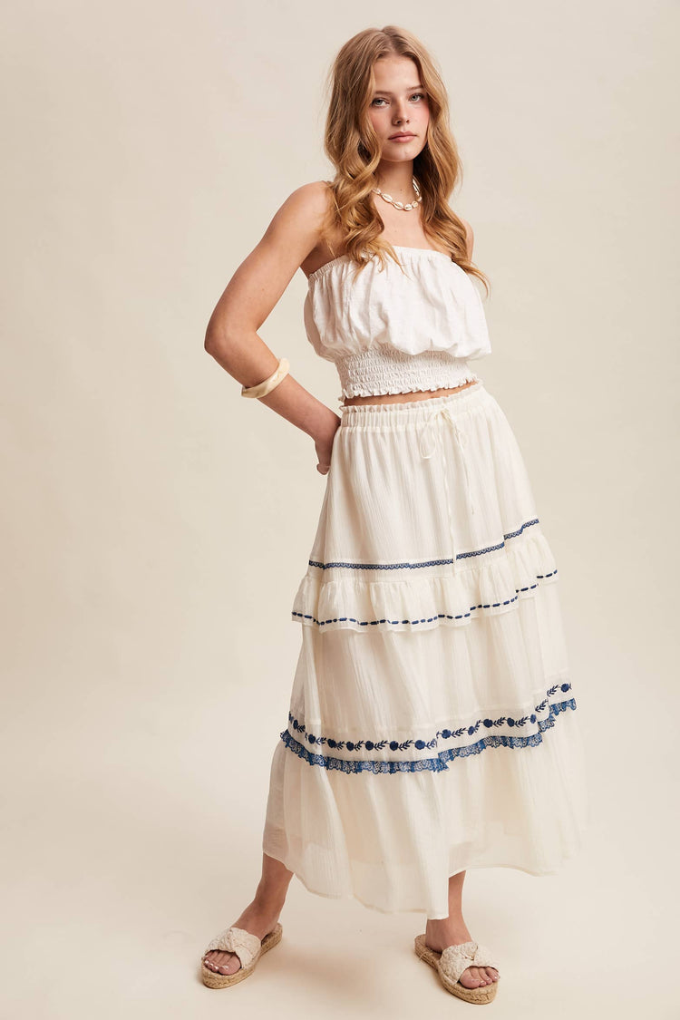 Embroidered Tiered Maxi Skirt