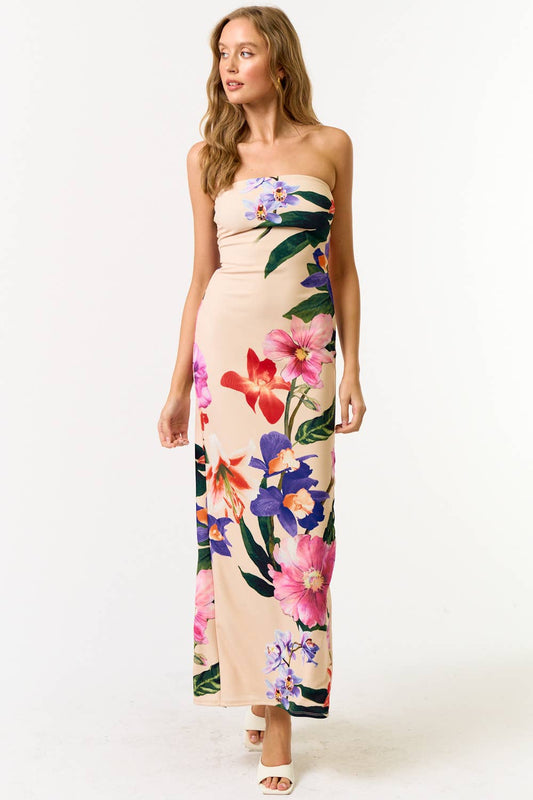 Strapless Floral Print Maxi Dress