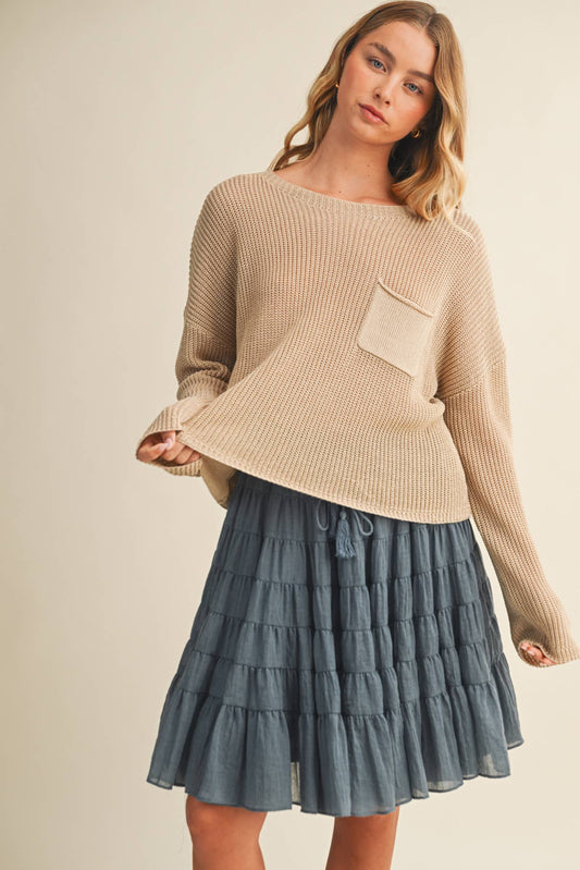 FRONT-POCKET PURL KNIT SWEATER TOP