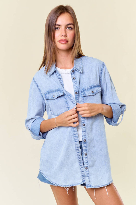 Chambray Button Down Shirt With Roll up Sleeve