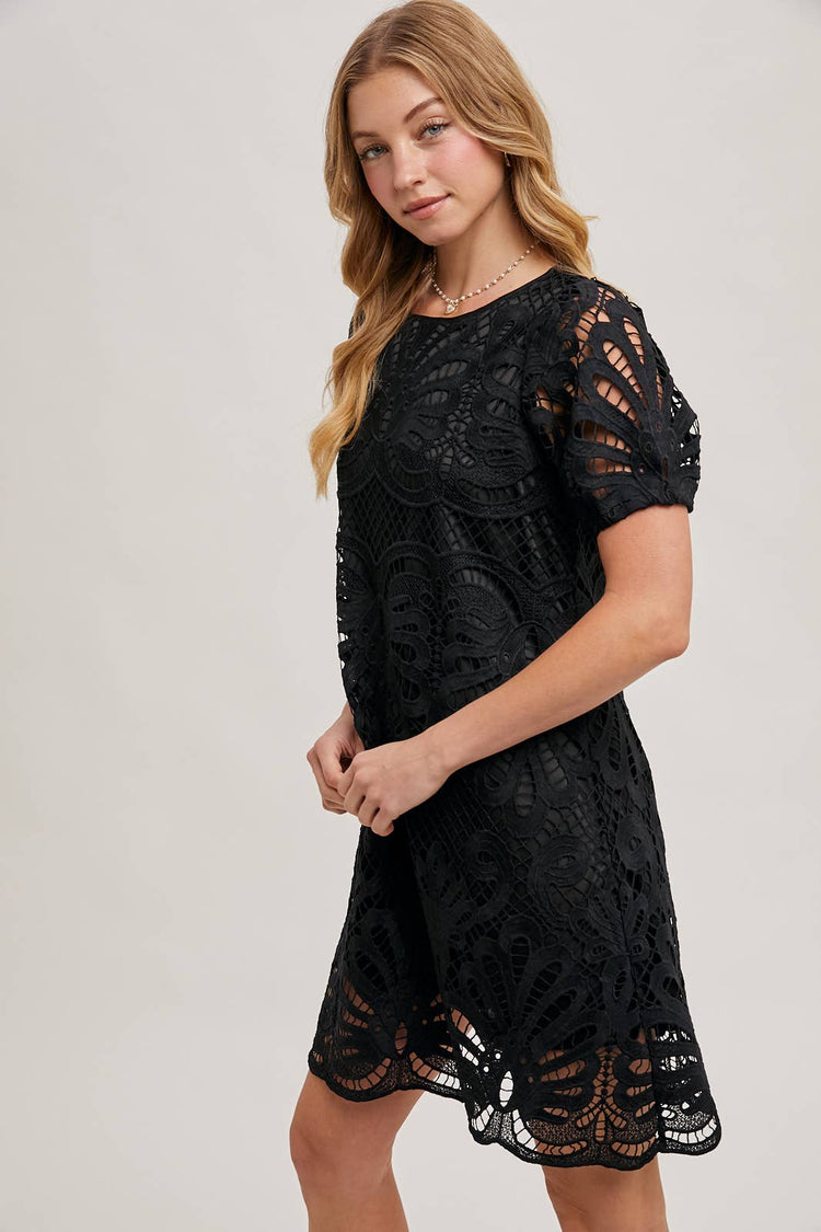 PUFF SLEEVED CROCHET DRESS WITH LINING