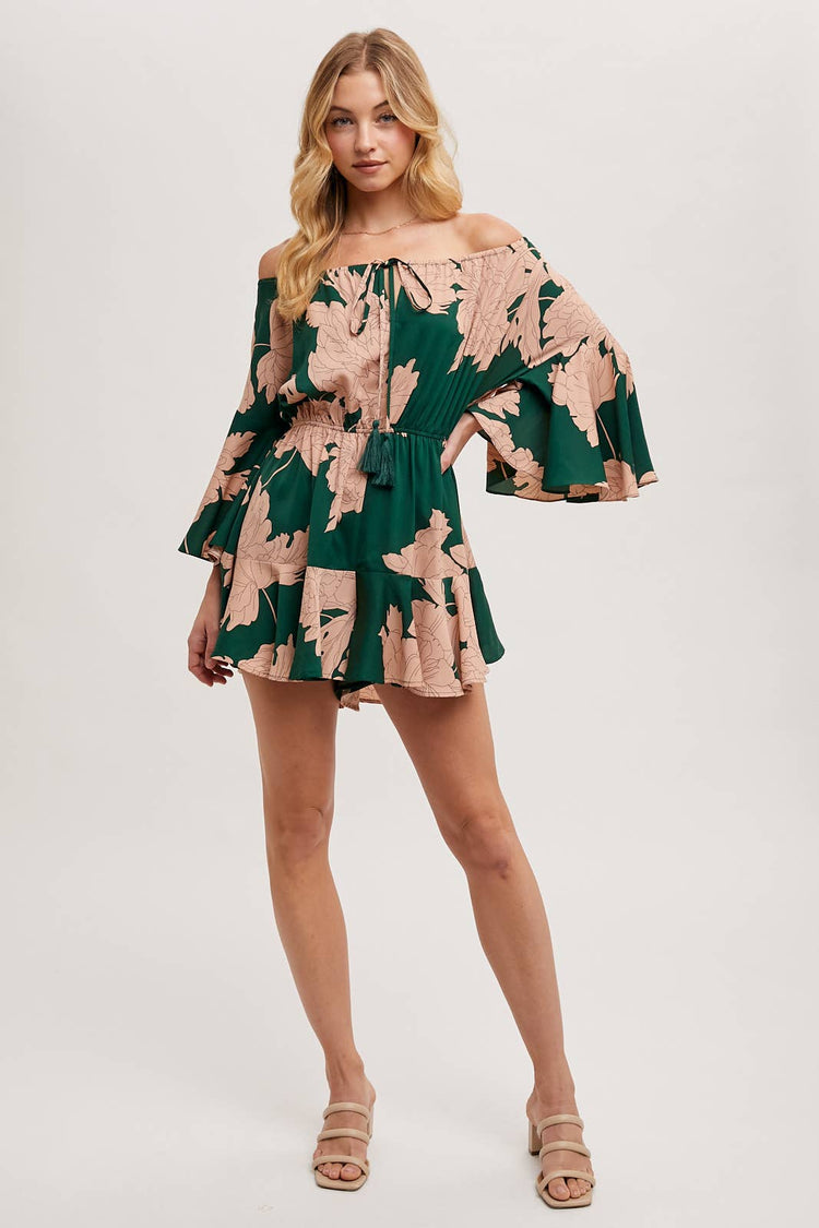 FLORAL PRINT OFF THE SHOULDER BELL SLEEVED ROMPER