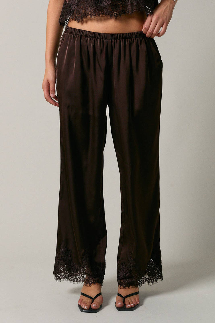 ELASTIC WAIST LACE TRIM WIDE LEG PANTS