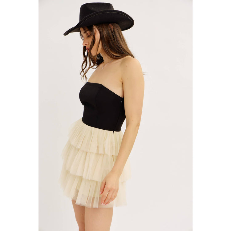 ROOFTOP NIGHT OUT STRAPLESS TIERED MESH ROMPER