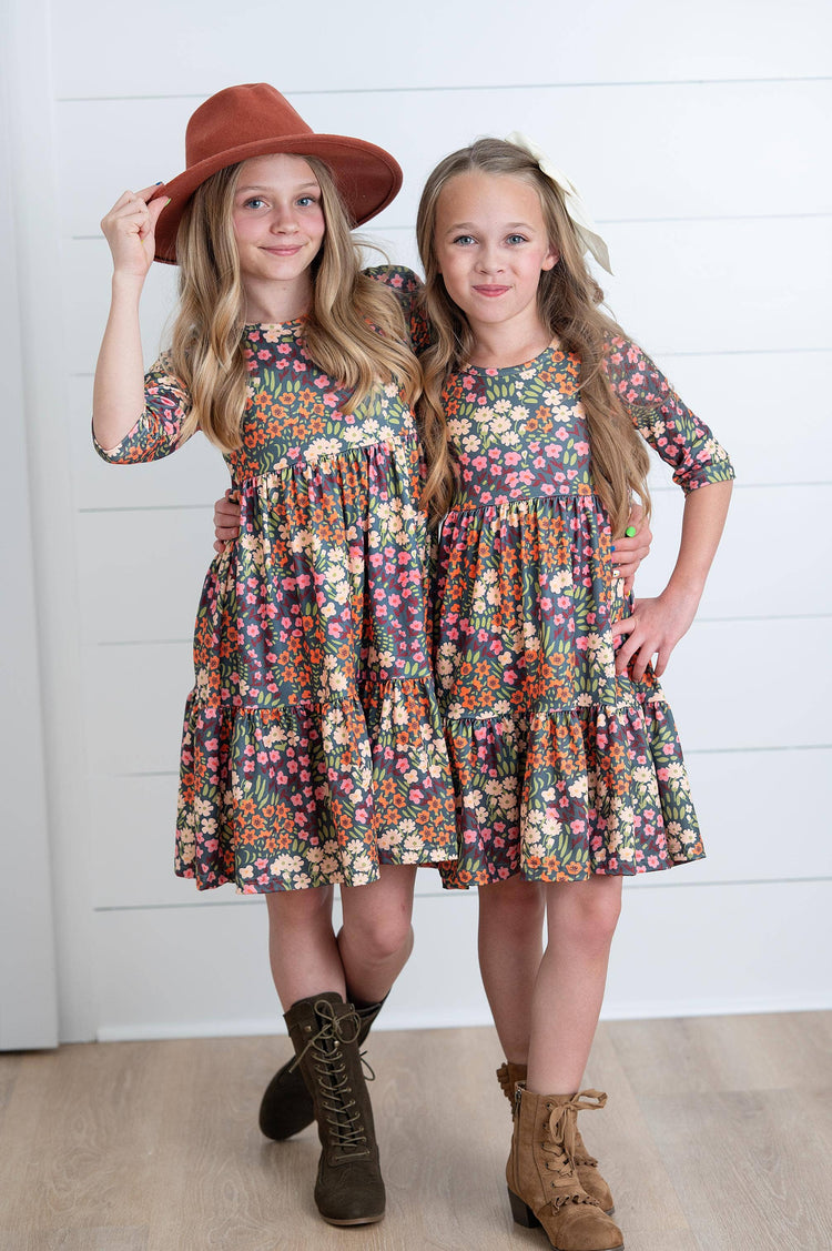 Girls Emma Rust Fall Flower Fields Tiered Twirl Dress