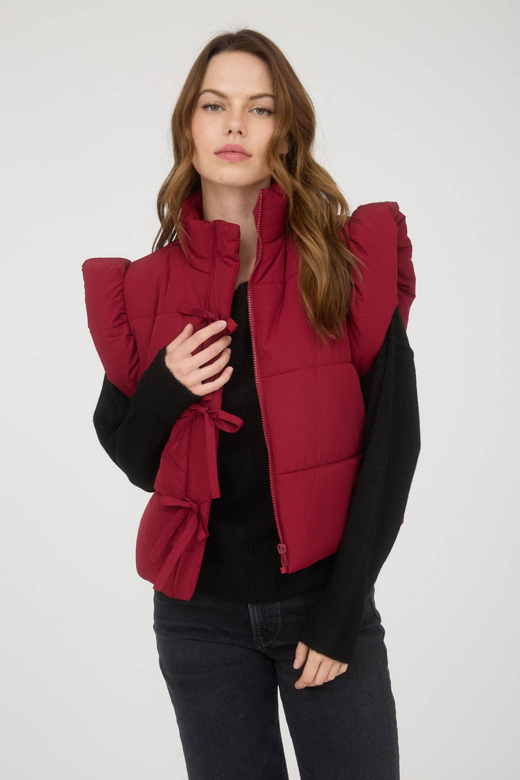 FLUTTER SLEEVE BOW DETAIL ZIP-UP PUFFER VEST