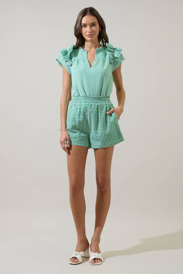 Tamara Checker Ramona Ruffle Split Neck Top