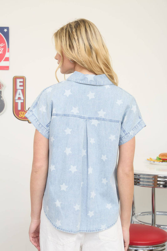 WASHED DENIM STAR PATTERN COLLARED SHIRT