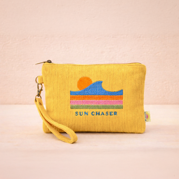 Corduroy wristlet 7" Zip pouch | Embroidered pouch | Summer