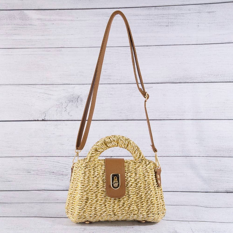 Woven Straw Turn Lock Top Handle Handbag