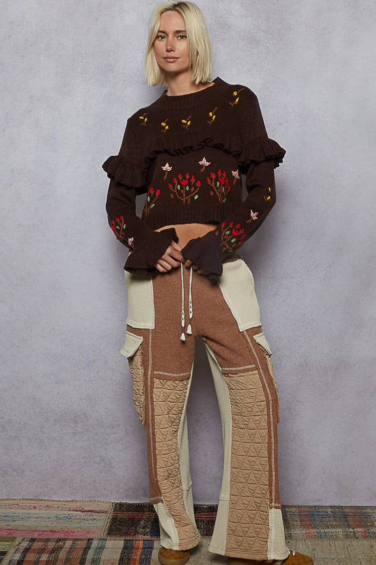 Long sleeve ruffles floral hand stitch detail sweater top
