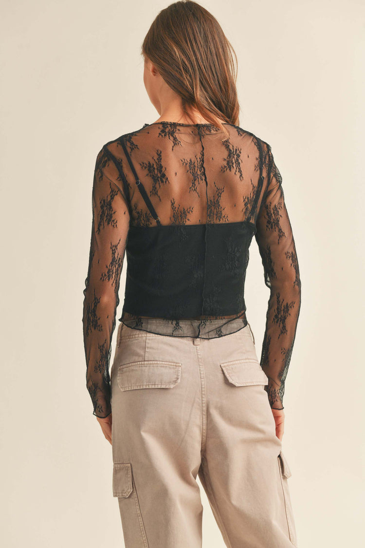 LONG SLEEVE LACE FABRIC WITH LINING INSERT TOP