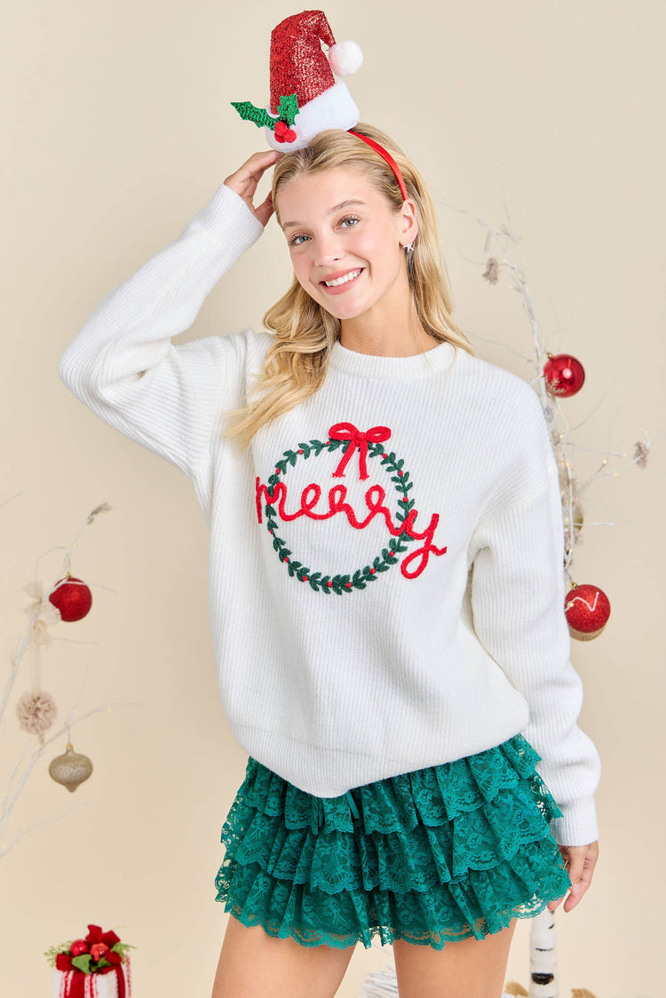 Merry Embroidered Christmas Wreath Sweater Knit Top