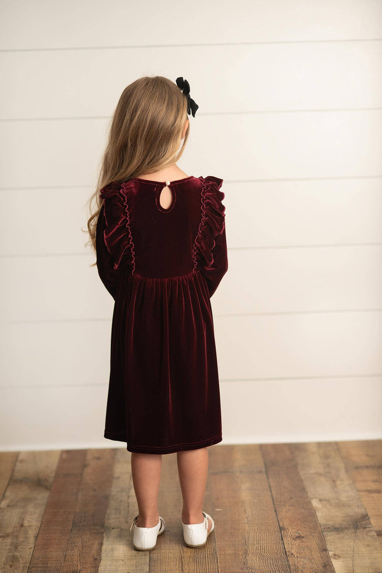 Kids Burgundy Wine Velvet Bow Ruffle Holiday Party Dress