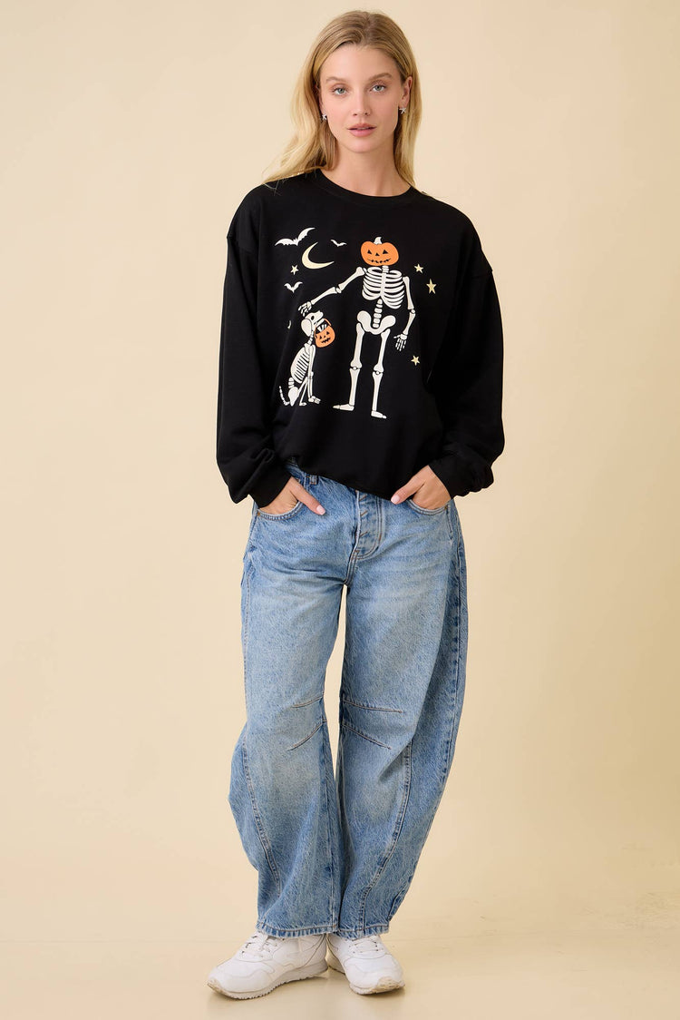 Halloween Pumpkin Skeleton Printed Graphic Crewneck