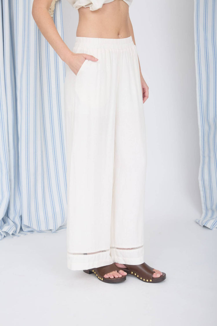 LADDER LACE TRIM WIDE LEG LINEN PANTS