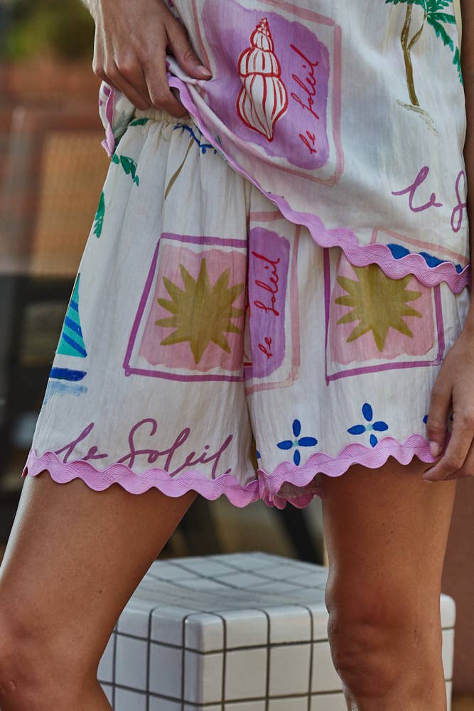 Le Soleil  Rayon Nylon Print Detail Wide Leg Shorts