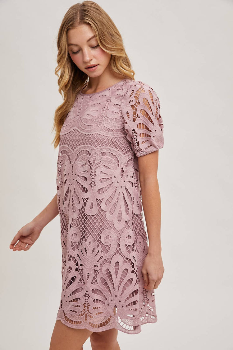 PUFF SLEEVED CROCHET DRESS WITH LINING
