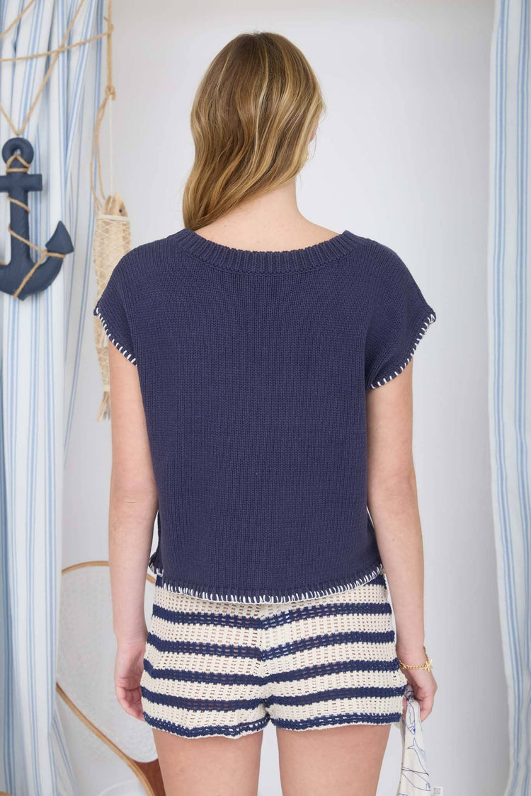 MARINE CONTRAST EDGE STITCH SHORT SLEEVE SWEATER