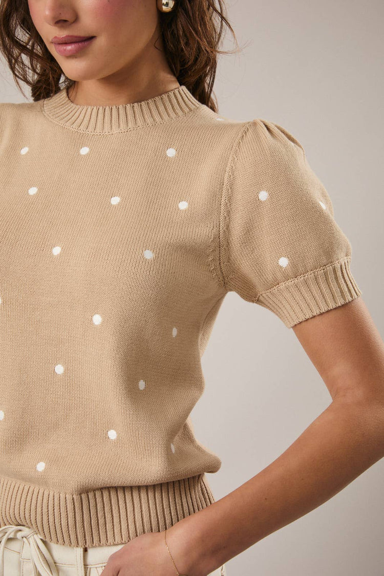 Embroidered Polka Dot Short Puff Sleeve Knit Sweater