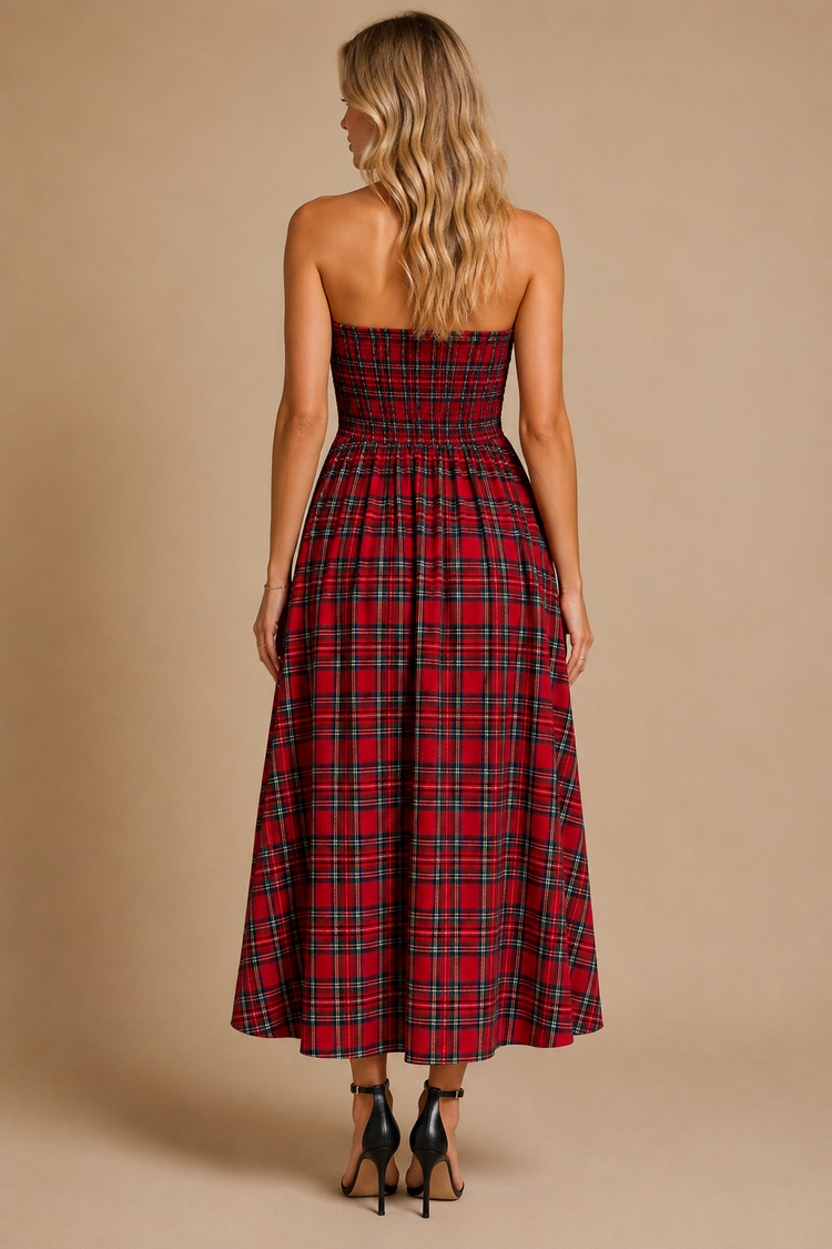 Strapless Tartan Plaid Ruched Midi Dress