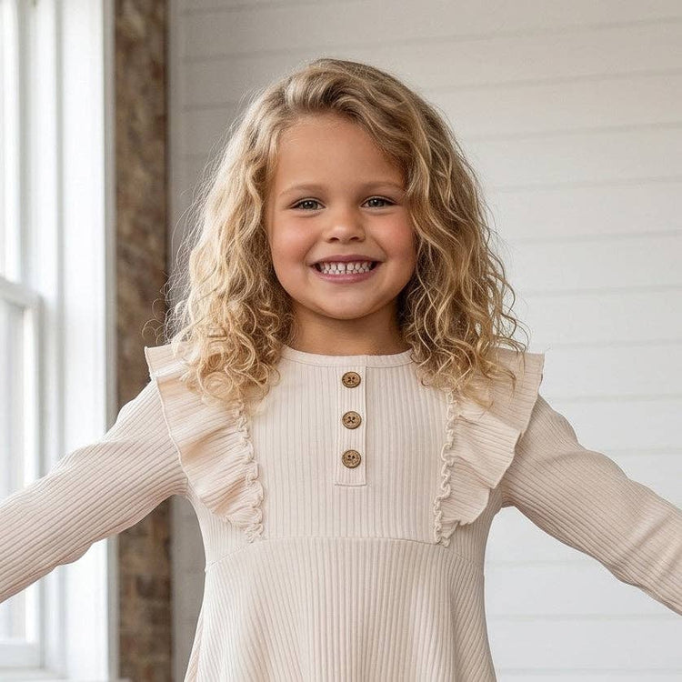 Cream Beige Ribbed Long Sleeve Button Ruffle Shirt