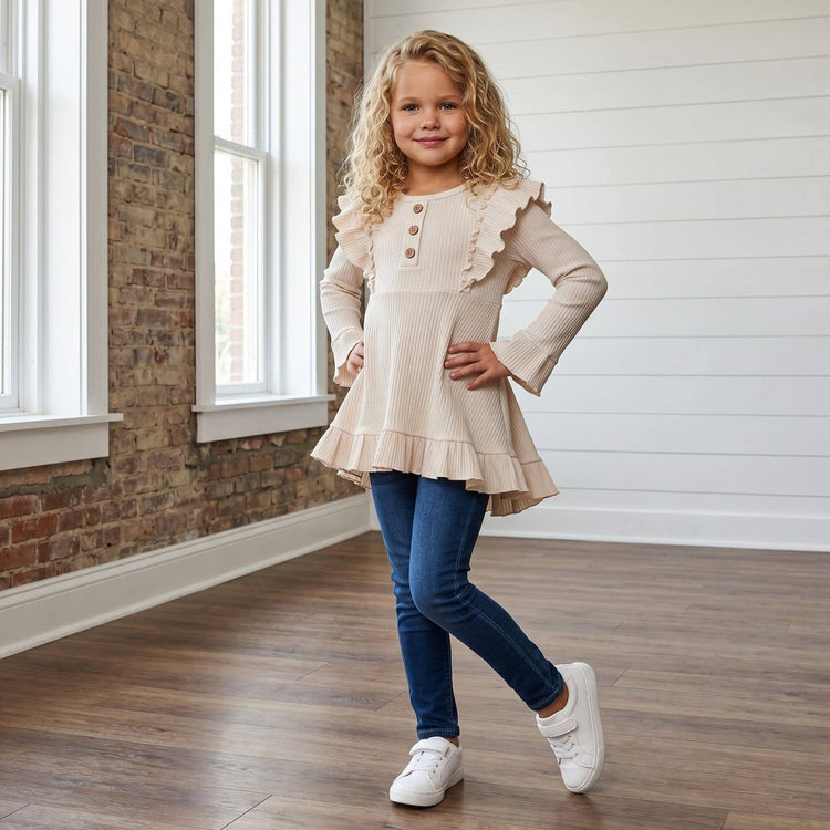 Cream Beige Ribbed Long Sleeve Button Ruffle Shirt
