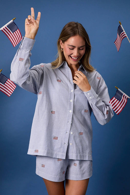 STRIPE FLAG EMBRO OVERSIZED BUTTON DOWN SHIRT